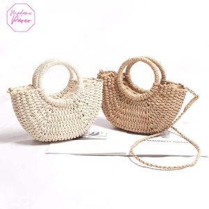 Sac de plage en paille demi lune coloré