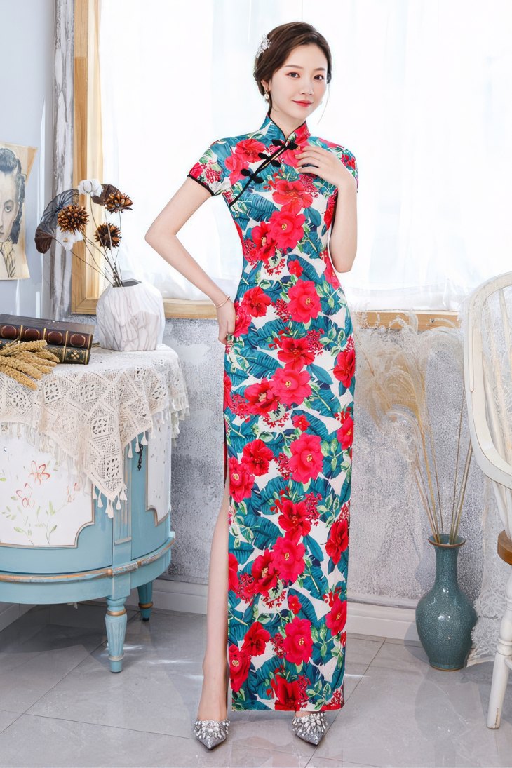 Cheongsam Longue Fendue Avec Motifs Floraux Rouges Et Verts – Ziyan