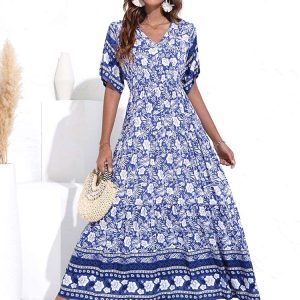 Longue Robe Bohémienne à Col V et Motifs Fleuris