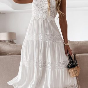 Longue Robe de Plage Blanche à Dentelles Brodées Style Bohème