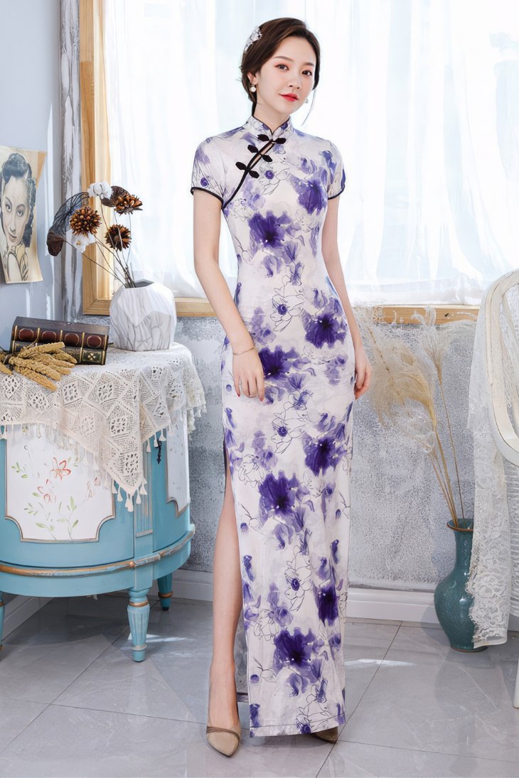 Qipao Fente Haute Avec Motifs Floraux Violets – Ziru – Image 2
