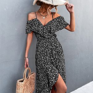 Robe Portefeuille Fendue à Motifs Floraux