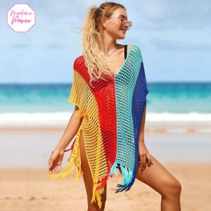 Robe de Plage Courte Transparente en Crochet Multicolore