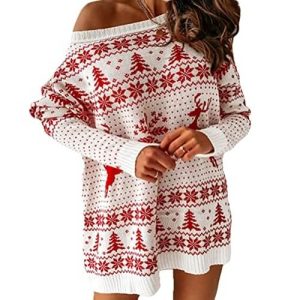 Attaque sur flocon – Robe pull, rennes, sapins, blanc – Pull Noël Femme