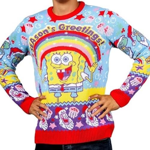 Bikini Bottom Christmas – Pull Bob l’éponge à Rayures Rouge et Vert – Pull de Noël Unisexe Tricoté