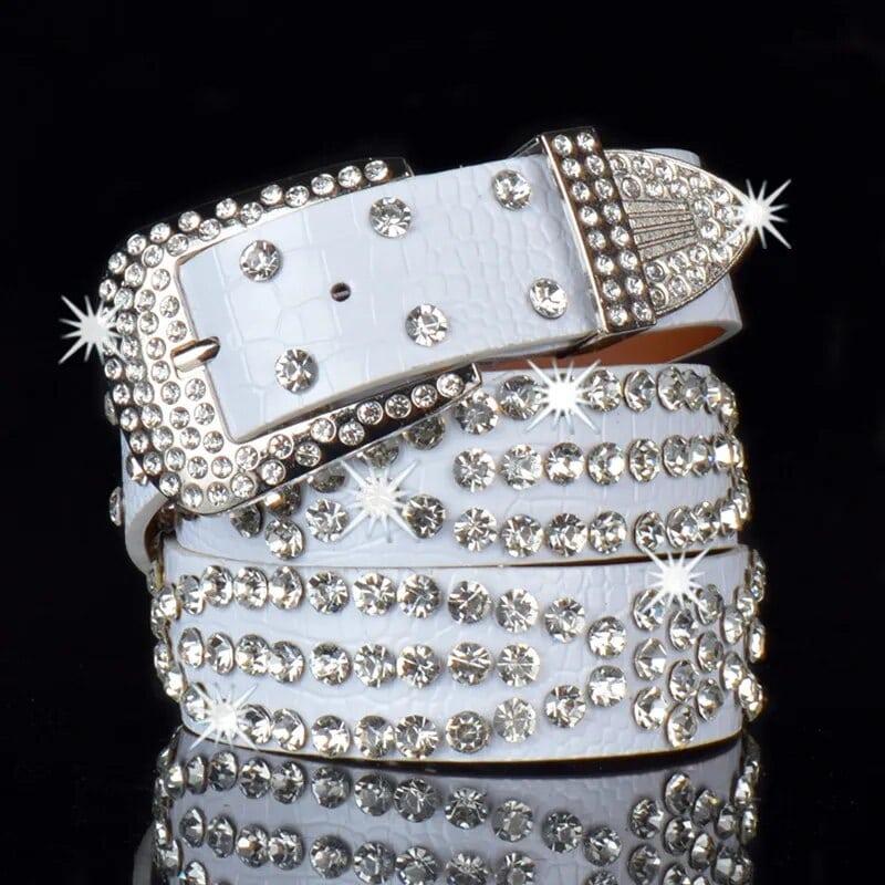 Ceinture Blanche Réglable en simili cuir avec boucle en métal argentée et strass – Image 2