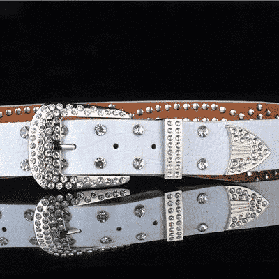 Ceinture Blanche Réglable en simili cuir avec boucle en métal argentée et strass – Image 4