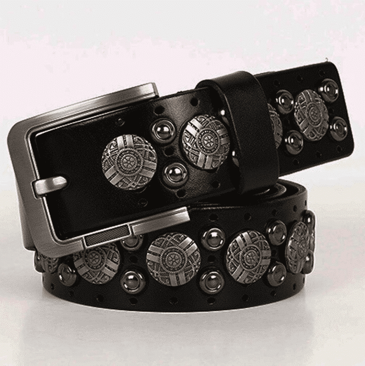 Ceinture en Cuir Noir avec Boucle et Rivet en Métal avec Motif – Image 4