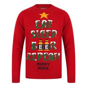 Eat, Sleep, Beer, Repeat – Pull de Noël Rouge pour Homme