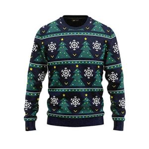Festive Flocons – Pull Bleu Arbre de Noël et Neige – Pull de Noël Homme