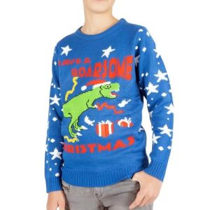 T-Rex des Fêtes – Dinosaure Rugissant sur Fond Bleu – Pull de Noël Enfant