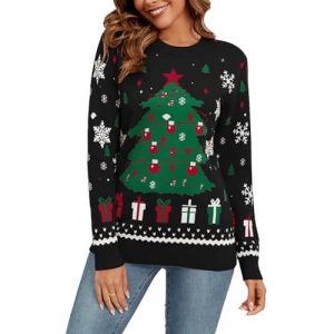 « Festive Folie » – Pull Noël avec Sapin et Bonhomme de Neige – Pull de Noël Moche pour Femme