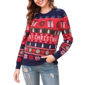 « Festivité Étincelante » – Pull Aux Flocons De Neige et Cœurs – Pull de Noël Tricoté Rouge Unisex