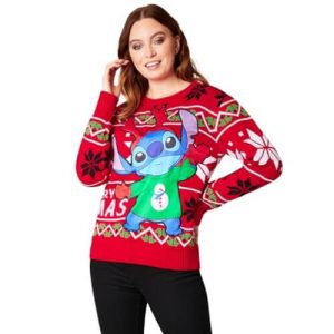 Stitch en Fête – Rouge et Flocons – Pull de Noël Disney Officiel