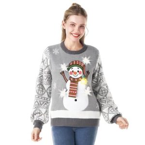 « Joyaux Lumineux » – Pull de Noël avec Bonhomme de Neige et Flocons de Neige Lumineux – Pull de Noël avec LED pour Femme