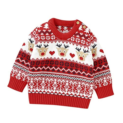 Joyeuse Réjouissance – Pull de Noël Pour Bébé avec Renne Mignon – Pull Enfant Noel Rouge Unisexe – Image 2