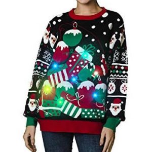 Joyeux Empilement – Cadeaux et Boules de Noël – Pull Moche à LED