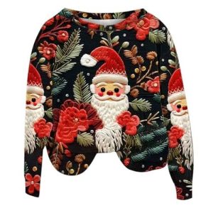 Noël en 3D – Pull à Manches Longues avec Imprimé Père Noël – Pull de Noël pour Femmes