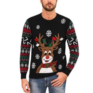Parade de Renne – Motifs de flocons de neige – Pull de Noël Noir pour Homme