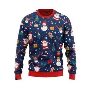 Spectacle Lumineux – Pull Noel Père-Noël et Bonhomme de Neige – Pull Moche Homme Bleu