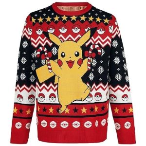 Pikachu Festif – Col Rond Multicolore – Pull de Noël pour Homme
