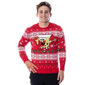 Fête à Bikini Bottom – Pull Bob l&rsquo;Éponge Rouge en Tricot – Pull de Noël pour Homme