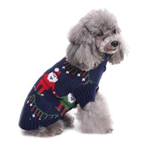 Pull de noël chien Guirlandes & Père-Noël – Pull de noël chien – Bleu marine