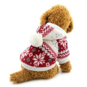 Pull de noël chien Polaire avec capuche et pompon – Pull de noël chien – Rouge et blanc
