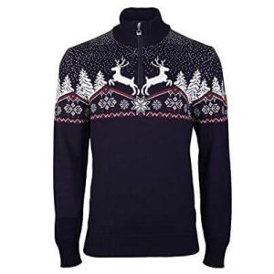 Pull Laine Mérinos Rennes Jacquard – Motifs vintage 70&rsquo;s – Marine