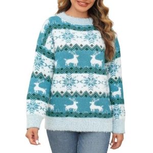 Rennes Enchantés – Pull Bleu avec Flocons Blancs – Pull de Noël pour Femme