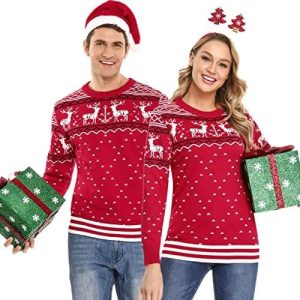Rencontre Festive – Renne et Sapin Tricotés – Pull de Noël Unisexe Rouge