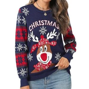 Rencontre Rudolph – Pompons et lumières scintillants – Pull Noël Fantaisie