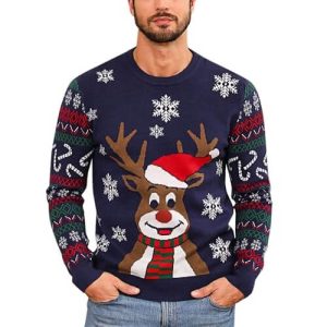 Renne Festif – Pull Doux à Col Rond – Homme Pull de Noël Marine