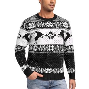 Renne Lumineux – Pull de Noël Noir à Motif de Flocons – Pull de Noël pour Hommes