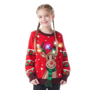 Renne Lumineux – Pull Enfant avec LED Rouge – Pull de Noël Moche
