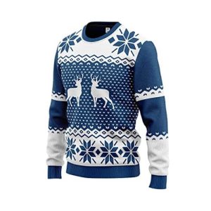 Rennes d&rsquo;hiver – Pull rennes, bleu et blanc- Pull Noël Homme