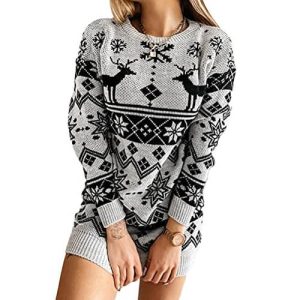 Robe à la Norvégienne – Robe pull, rennes, blanc – Pull Noël Femme