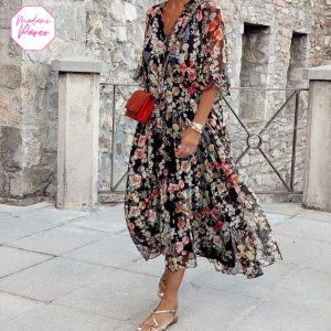 Robe bohème ample à col en V imprimé floral