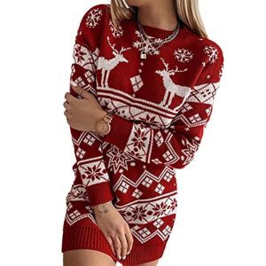 Robe de vraie Norvégienne – Robe pull, rennes, rouge – Pull Noël Femme