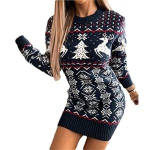 Robe norvégienne – Robe pull, rennes, bleu – Pull Noël Femme