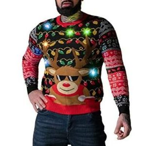 Rodolphe à lunettes- Pull kitsch, LED- Pull Noël Homme