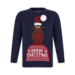 Rodolphe en col roulé – Rodolphe, « Merry Christmas », bleu – Pull de Noël Enfant / Bébé