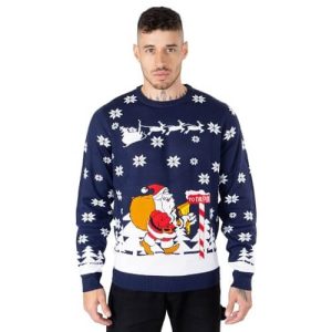Santa Pub Crawl – Pull Bleu Marine à Rayures et Motifs Père Noël – Pull de Noël Unisexe