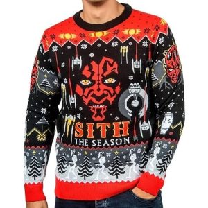 Force Festive – Pull Noir Étoiles et Sabre Laser – Pull de Noël Star Wars Unisexe
