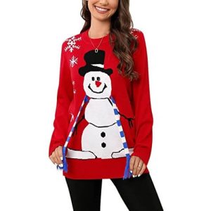 Snowman écharpe rayée – Bonhomme de neige, écharpe, rouge – Pull Noël Femme