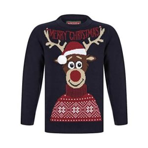 Sourire en col roulé – Rodolphe, « Merry Christmas », bleu – Pull de Noël Enfant / Bébé