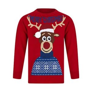 Sourire pour la cam – Rodolphe, « Merry Christmas », bleu – Pull de Noël Enfant / Bébé