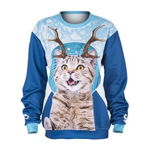 Sukha Boisé – Chat avec des Bois de Renne – Sweat Kitsch de Noël