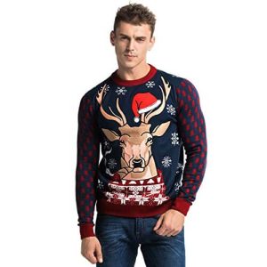 Tête de Cerf avec Gros Cigare – Marine – Pull Moche pour Homme