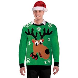 Tête de renne souriante – Pull de noël kitsch – Flocons de neige – Vert